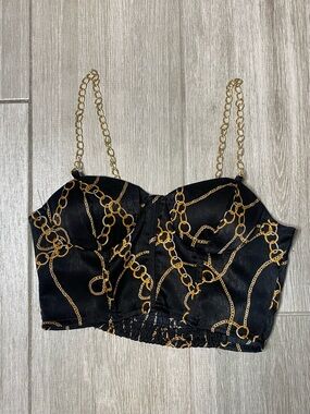 Rabbit Rose Corset Blouse XS Gold Chain Strap Bustier Designer Style